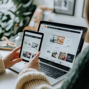 person browsing technology ecommerce website laptop tablet